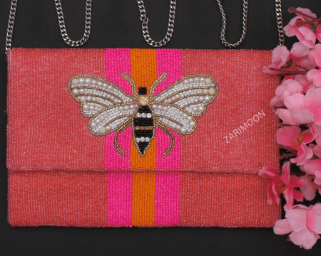 PINK BUTTERFLY BEADED BAG