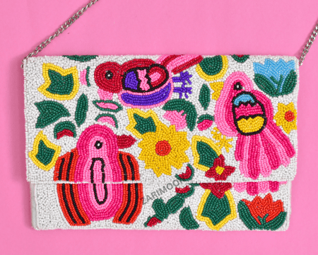 Multicolor Birds beaded clutch bag