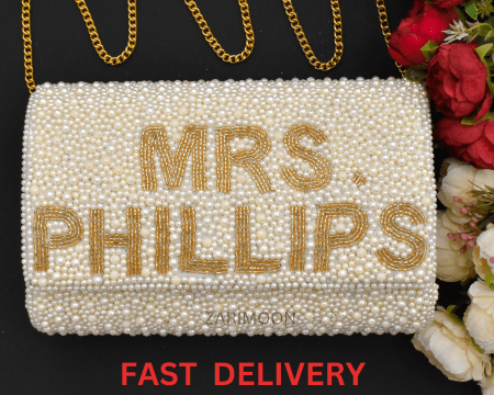 Mrs. Last Name, Bride Clutch, Pearl Beaded Personalized Name Purse Monogram Bead Mrs Clutch Custom Beaded Bachelorette Purse Gift For Her zarimoon